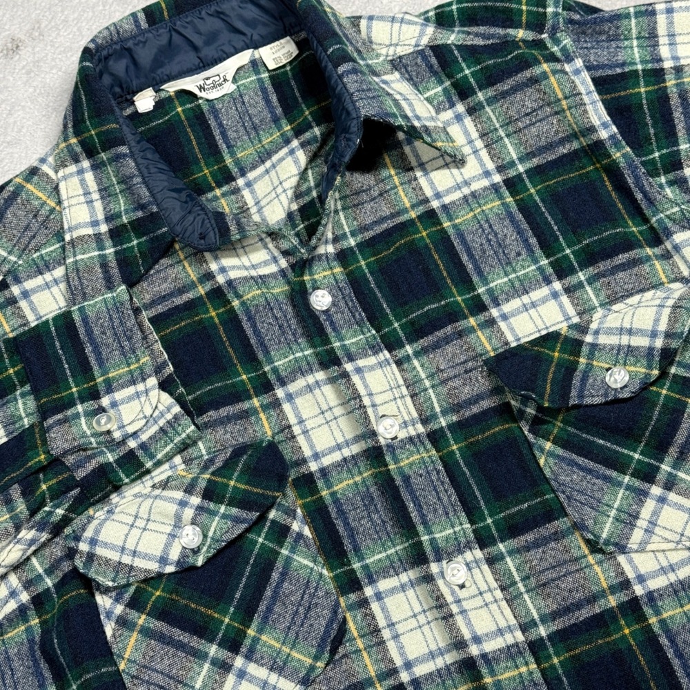 Woolrich Flannel Shirt Mens XL Green Plaid Wool Blend Heavyweight Button Down